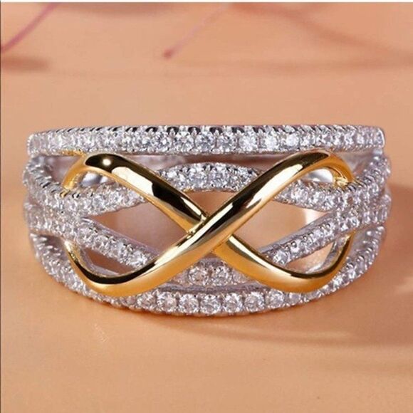 Silver and Yellow Gold Two Tone Braided Diamond Cubic Zirconia Infinity Ring - Picture 3 of 4